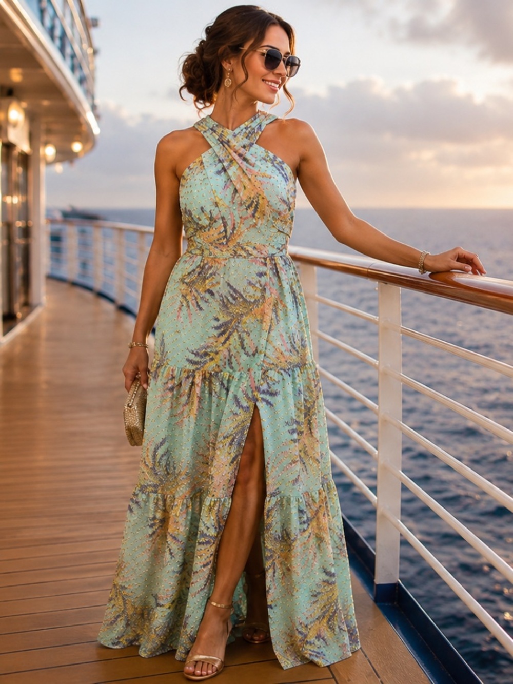 Aidan Mattox NWT Metallic Tropical Halter Maxi Dress Size 10
